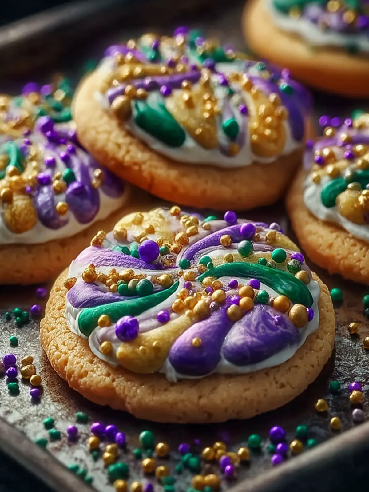 Mardi Gras King Cake Cookies with Creamy Sweet Surprise First Image