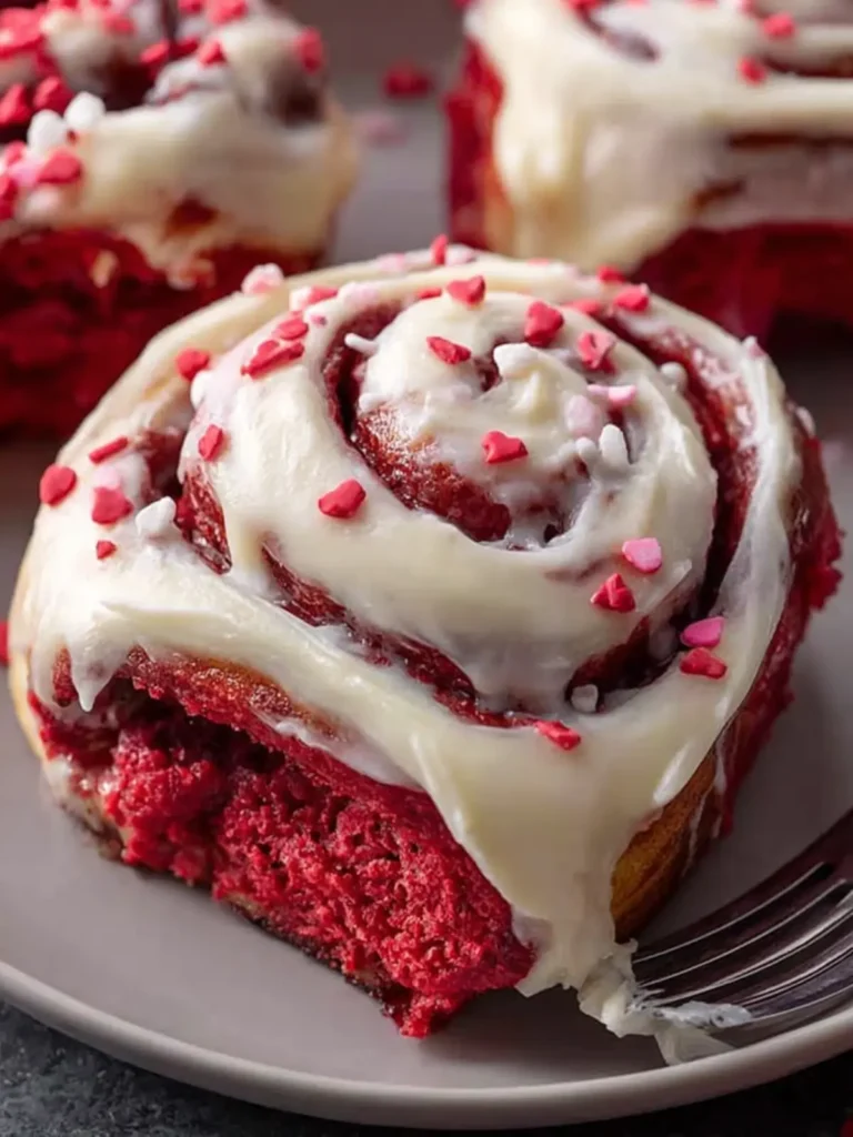 Red Velvet Cinnamon Rolls with Cream Cheese Frosting First Image